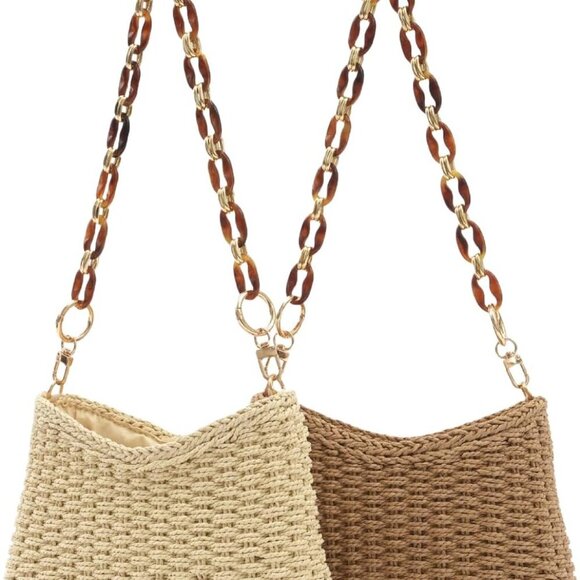 Stylish Women's Straw Shoulder Bag with Unique Acrylic Chain - Summer Essential - Picture 6 of 7